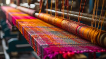 Textile machine with red and yellow colors threads
