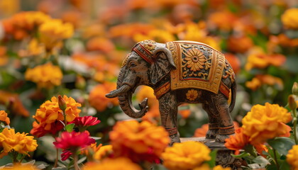 Stone patterned statue of elephant in a flower garden. Photorealistic composition for sliders and banners with empty space for text