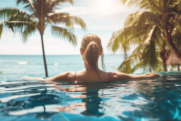 Sensual young woman in swimming pool. Woman on tropical vacation paradise on sea. Summer sea background. Summer vacation travel holiday background concept