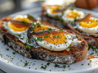 Toasts with boiled eggs, fish, and parsley. Traditional food for midsummer celebrations in Scandinavia. Tasty snack served in a cafe or restaurant. Healthy eating.