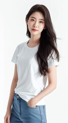 Fototapeta premium girl. Shooting commercials in studio. White t-shirt short sleeve and jeans