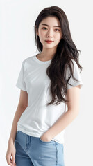 Obraz premium girl. Shooting commercials in studio. White t-shirt short sleeve and jeans