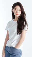 Obraz premium girl. Shooting commercials in studio. White t-shirt short sleeve and jeans