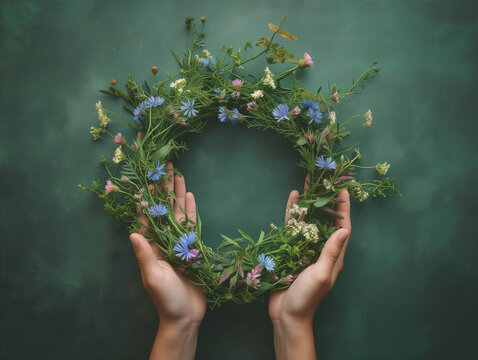 Hands holding a wreath of wild flowers and herbs for the midsummer celebration, on green background. Floral decoration for summer solstice, Scandinavian tradition. Top view.
