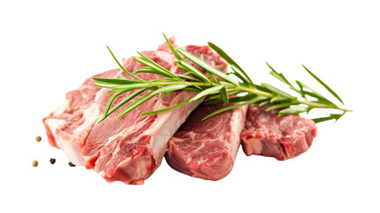 Juicy cuts of red meat, glistening with animal fat, are adorned with a fragrant sprig of rosemary, tempting the senses with the promise of a hearty and satisfying meal
