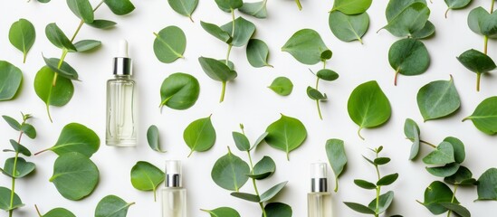 Aromatherapy concept with a bottle of eucalyptus essential oil surrounded by fresh eucalyptus leaves on white background