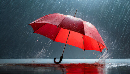 Red umbrella under heavy rain splash