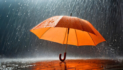 Orange umbrella under heavy rain splash