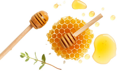A striking contrast of vibrant yellow honeycombs and sleek honey dippers set against a dramatic black background, evoking a sense of indulgence and decadence