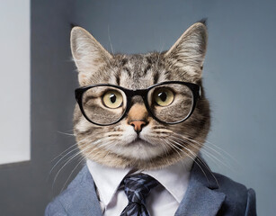 Smart office cat humanly dressed with glasses and suit