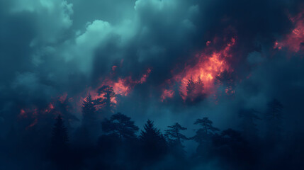 Fototapeta na wymiar Inferno: Enigmatic Forest Under a Blazing Sky - Ethereal Nature Scene, Nature Disaster