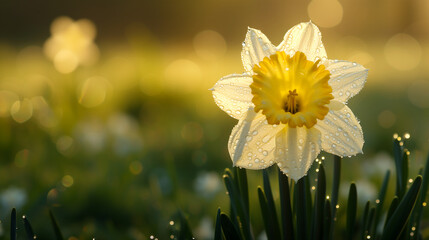 Single daffodil in soft morning light with dewdrops on its petals. Symbol of renewal and Marie Curie © Tazzi Art