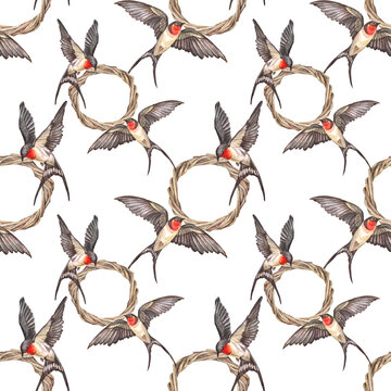 Seamless pattern with watercolor swift flying swallow and wreath on white background. Hand-drawn spring and summer bird for card or wedding celebration invite. Art for sketchbook. Wallpaper wrapping