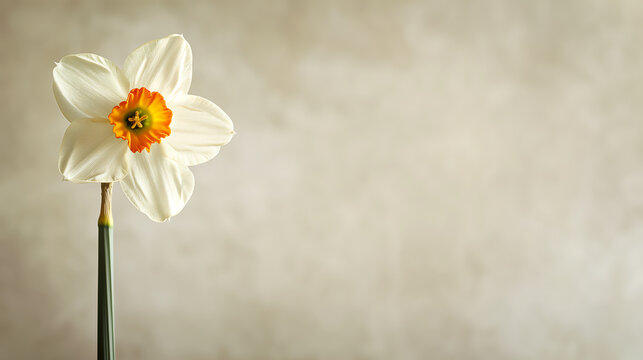 Single white daffodil flower against plain background. Symbol of renewal and Marie Curie