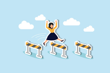 Conquer hurdles, pursue success, fueled by aspirations, determination, progress, and effort in overcoming challenges concept, confidence businesswoman entrepreneur jumping over series of hurdles.