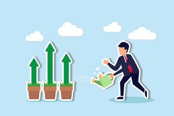 Boost business, revenue rise, self-growth, growth mindset, profitable investments, prosperity concept, businessman watering seedling plant with growing green growth arrow.