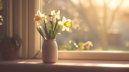 Small bouquet of daffodils in a vase sitting next to window. Symbol of renewal and Marie Curie