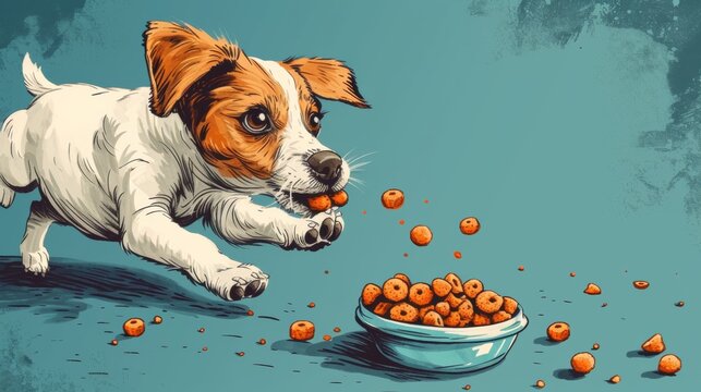 A dog eating a bowl of food from the ground, AI