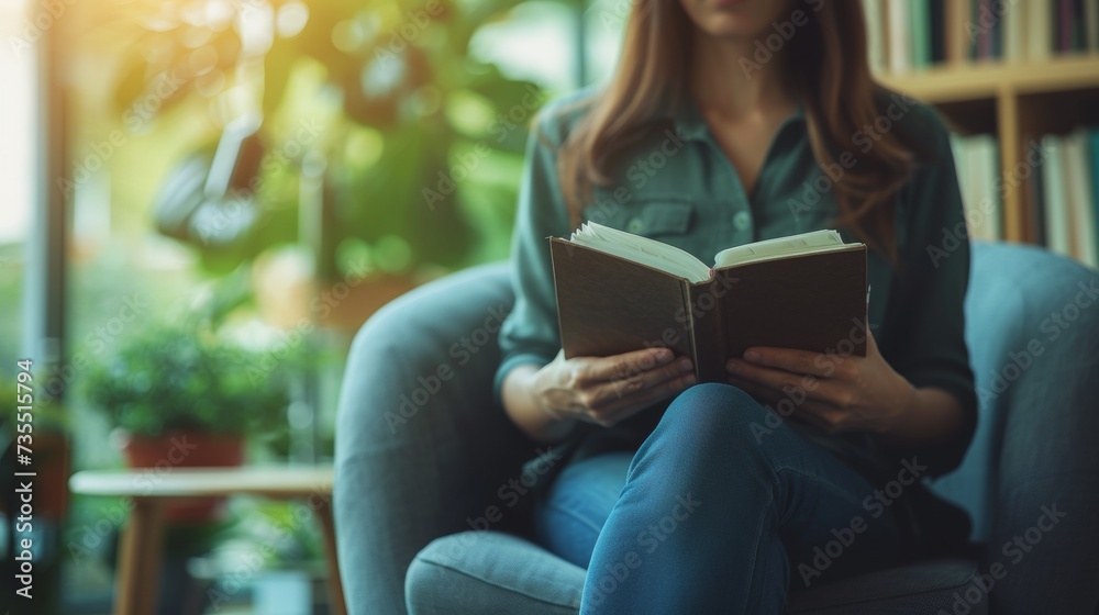 Poster A woman sitting in a chair reading a book, AI