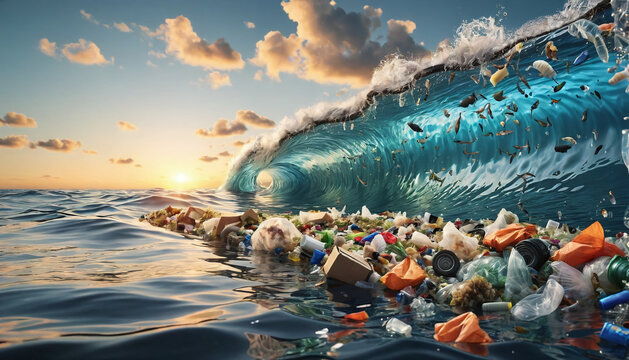 Free-floating industrial plastic waste in the ocean and on beaches, massively polluting coastal regions and waters around the world - ai generated