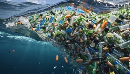 Gartenposter Free-floating industrial plastic waste in the ocean and on beaches, massively polluting coastal regions and waters around the world - ai generated © Christoph Burgstedt