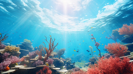 Sunlight shining through warm clear water, illuminating exotic underwater landscape with colorful coral riffs. Tropical marine nature. Clean ocean with healthy ecosystem. - obrazy, fototapety, plakaty