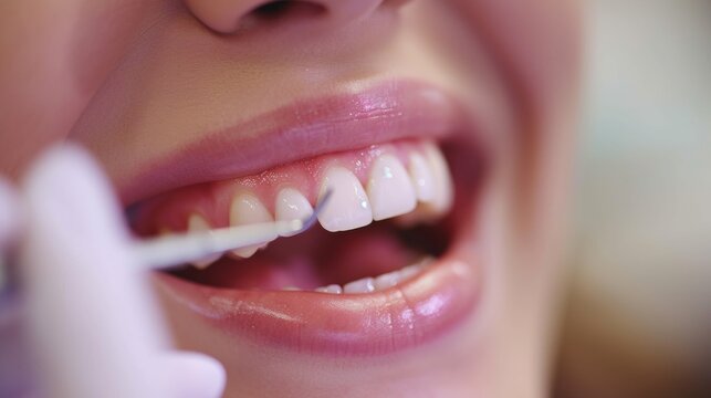 A close up of a woman smiling while getting her teeth cleaned, AI