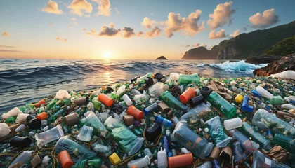 Tuinposter Free-floating industrial plastic waste in the ocean and on beaches, massively polluting coastal regions and waters around the world - ai generated © Christoph Burgstedt