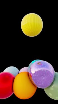 Soft body bouncy balls falling and filling up the frame of this vertical/portrait short 3D rendered abstract animation. File info : 30 second 1080p ProRes 4444  with transparent background @ 30 FPS.