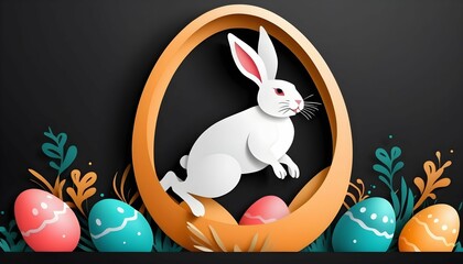 Happy easter card rabbit jumping in egg Vector design Black Background with space for copy concept of easter day  created with generative ai