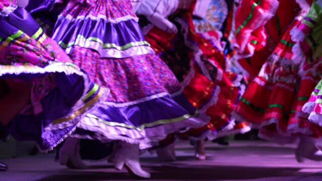 Extreme closeup of women dancing with big flow dresses a Mexican cultural folk dance showing the different ethnic dances of La Paz, Baja California Sur, Mexico in slow motion.