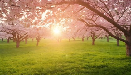 Obraz premium Pink cherry tree blossom flowers blooming in a green grass meadow on a spring Easter sunrise background created with generative ai