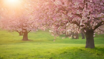 Fototapeta premium Pink cherry tree blossom flowers blooming in a green grass meadow on a spring Easter sunrise background created with generative ai