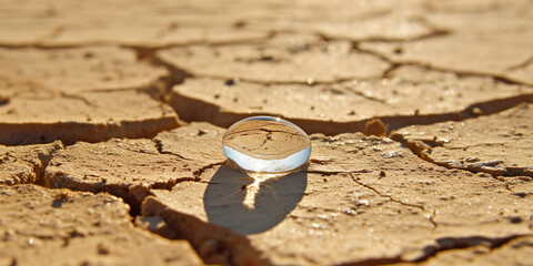 Drop of water falling on dry land, drought, taking care of water