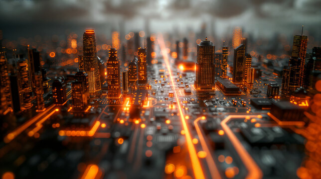 cityscape on circuit board background, concept of digital world, dramatic sky, evening, illuminated conductor tracks