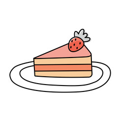 Slice of birthday cake with pink frosting and strawberries. Translucent cake icon. Valentine's Day. Happy Birthday greeting card design element. Sweet food. Tasty pink glaze cake. Food illustration.	
