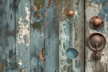 Vintage Blue Wooden Door with Rustic Metal Knobs and Peeling Paint Texture - obrazy, fototapety, plakaty