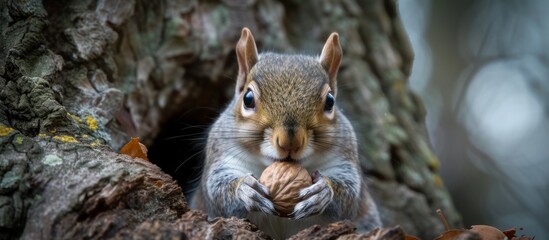 A cute squirrel enjoying a tasty nut snack while perched on a tree branch in the forest