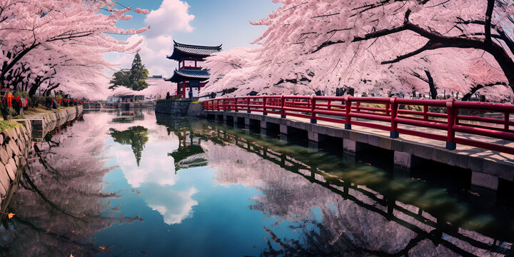 A bridge with a bridge that has cherry blossoms on it, reflection in the water, Japanese Cherry Blossom Season, Cherry Blossom Tree, Generative AI