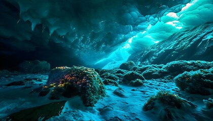 a cave filled with lots of ice and snow - obrazy, fototapety, plakaty