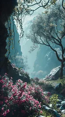 Fotobehang a painting of a mountain landscape with pink flowers © KWY