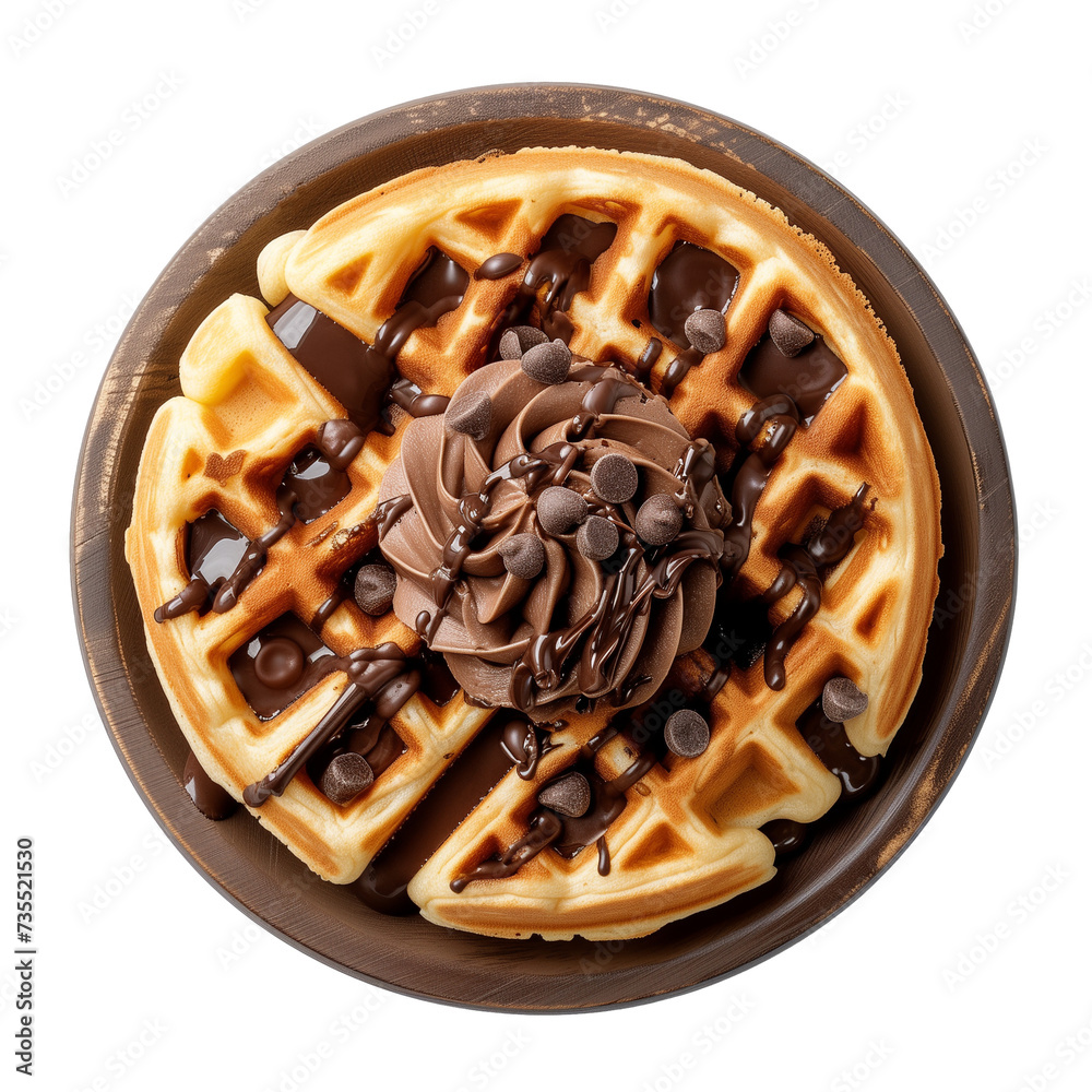 Wall mural Top view of round waffle with chocolate cream isolated on plate on transparent background.