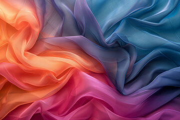 Wavy silk fabric background in orange, red and blue colors.