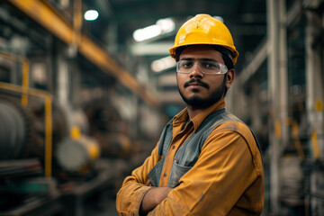 A blue-collar india engineer donning a yellow hard hat and glasses gazes confidently at the bustling construction site, embodying the grit and determination of a hardworking man in his workwear