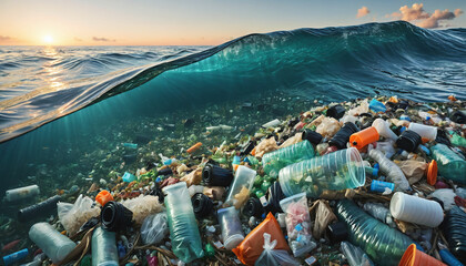 Free-floating industrial plastic waste in the ocean and on beaches, massively polluting coastal regions and waters around the world - ai generated - obrazy, fototapety, plakaty