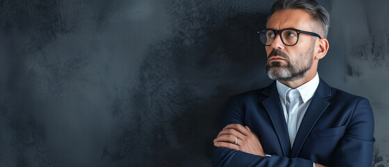 Sophisticated Business Professional Contemplating Strategies in a Modern Office Environment with Copy Space