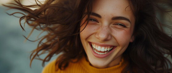 Fototapeta premium Capturing the Radiance of Youth: A Close-Up Portrait of a Joyful Young Woman with Wind-Swept Hair and a Bright Smile