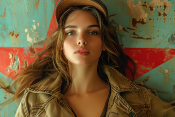 A stylish lady strikes a pose in front of a wall, showcasing her long hair and fashion sense as she prepares for a photo shoot