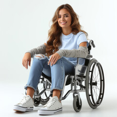 Fototapeta na wymiar A woman in a wheelchair, adorned in fashionable clothing and stylish footwear, sits gracefully, her wheel resting on the ground as she gazes confidently ahead