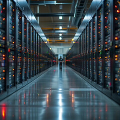 Fototapeta premium Secure Data Storage Facility: Illuminated Hallway with Advanced Security Measures